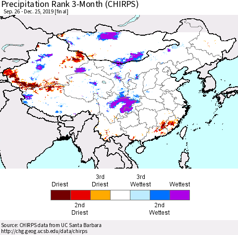 China and Taiwan Precipitation Rank 3-Month (CHIRPS) Thematic Map For 9/26/2019 - 12/25/2019