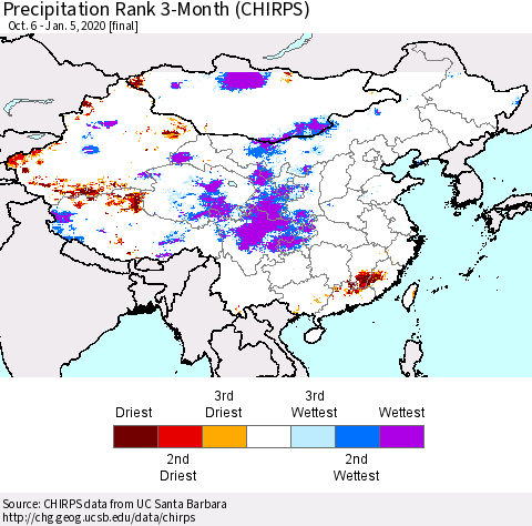 China and Taiwan Precipitation Rank 3-Month (CHIRPS) Thematic Map For 10/6/2019 - 1/5/2020