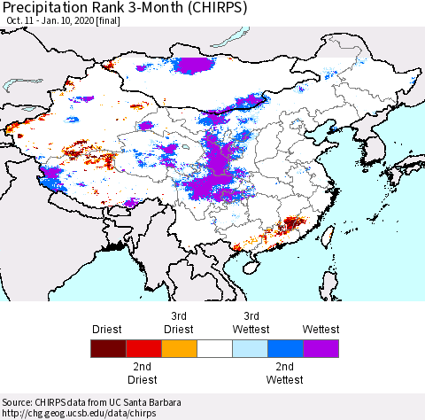 China and Taiwan Precipitation Rank 3-Month (CHIRPS) Thematic Map For 10/11/2019 - 1/10/2020