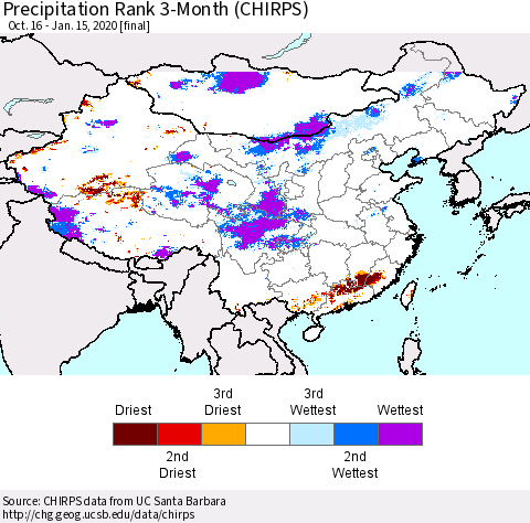 China and Taiwan Precipitation Rank 3-Month (CHIRPS) Thematic Map For 10/16/2019 - 1/15/2020