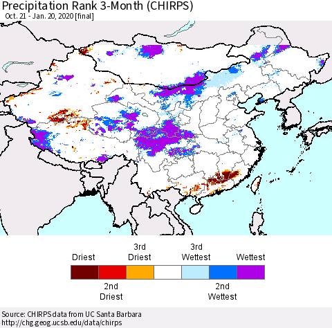 China and Taiwan Precipitation Rank 3-Month (CHIRPS) Thematic Map For 10/21/2019 - 1/20/2020