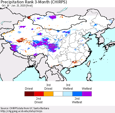 China, Mongolia and Taiwan Precipitation Rank since 1981, 3-Month (CHIRPS) Thematic Map For 10/26/2019 - 1/25/2020