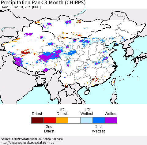 China and Taiwan Precipitation Rank 3-Month (CHIRPS) Thematic Map For 11/1/2019 - 1/31/2020