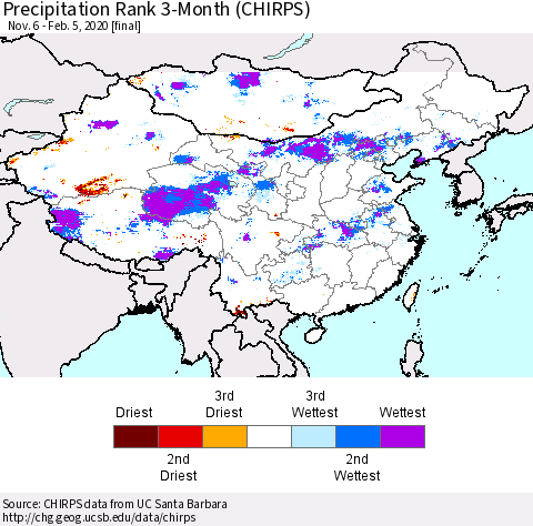 China and Taiwan Precipitation Rank 3-Month (CHIRPS) Thematic Map For 11/6/2019 - 2/5/2020