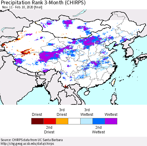 China, Mongolia and Taiwan Precipitation Rank since 1981, 3-Month (CHIRPS) Thematic Map For 11/11/2019 - 2/10/2020