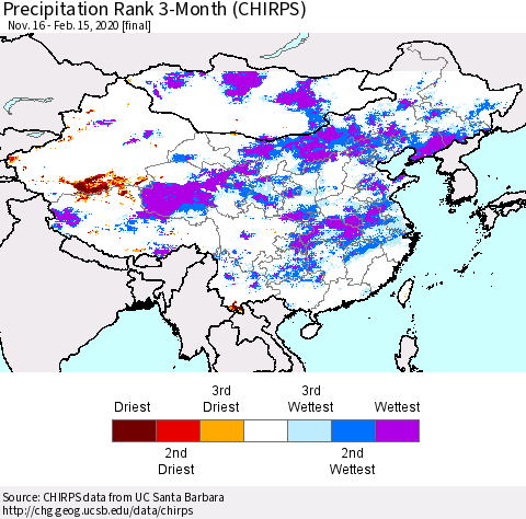 China and Taiwan Precipitation Rank 3-Month (CHIRPS) Thematic Map For 11/16/2019 - 2/15/2020