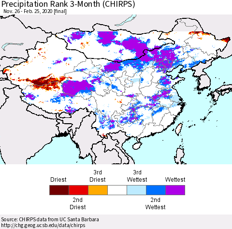 China and Taiwan Precipitation Rank 3-Month (CHIRPS) Thematic Map For 11/26/2019 - 2/25/2020
