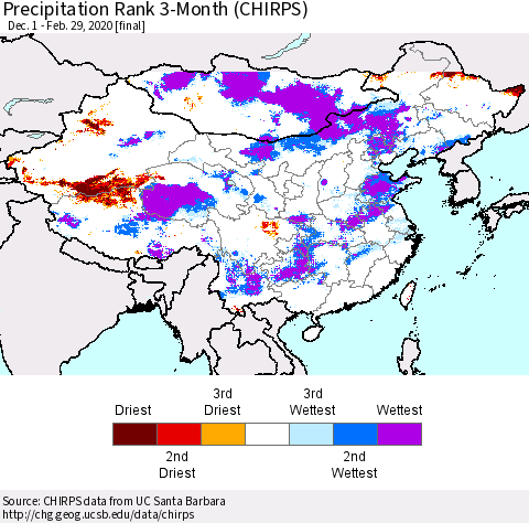 China and Taiwan Precipitation Rank 3-Month (CHIRPS) Thematic Map For 12/1/2019 - 2/29/2020