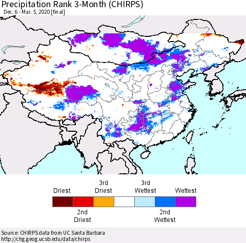 China, Mongolia and Taiwan Precipitation Rank since 1981, 3-Month (CHIRPS) Thematic Map For 12/6/2019 - 3/5/2020