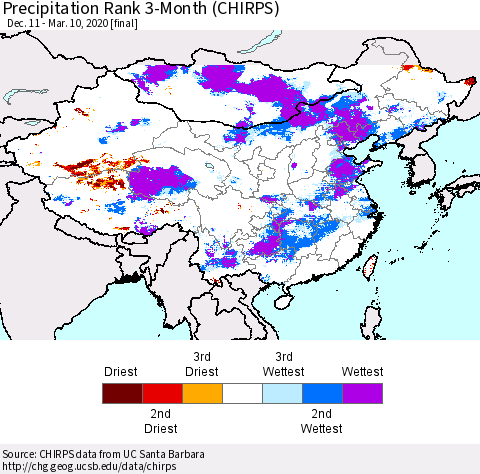 China and Taiwan Precipitation Rank 3-Month (CHIRPS) Thematic Map For 12/11/2019 - 3/10/2020