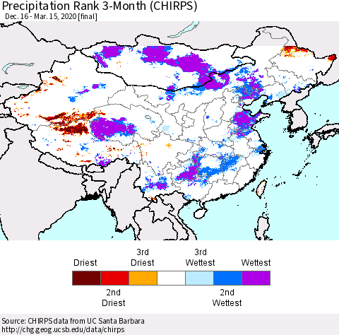 China and Taiwan Precipitation Rank 3-Month (CHIRPS) Thematic Map For 12/16/2019 - 3/15/2020