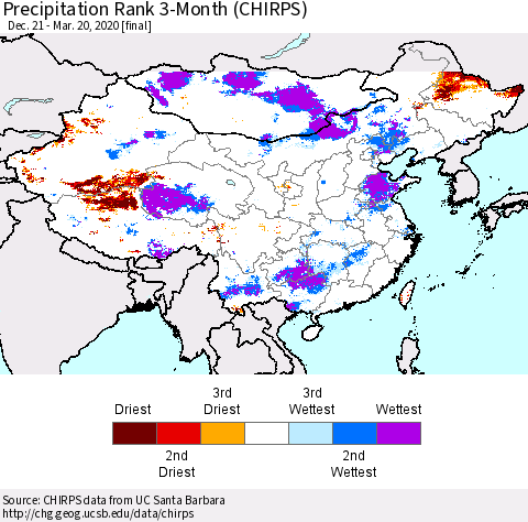 China and Taiwan Precipitation Rank 3-Month (CHIRPS) Thematic Map For 12/21/2019 - 3/20/2020