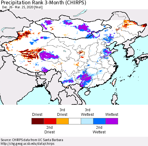 China, Mongolia and Taiwan Precipitation Rank since 1981, 3-Month (CHIRPS) Thematic Map For 12/26/2019 - 3/25/2020