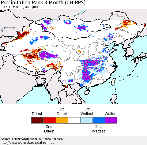 China and Taiwan Precipitation Rank 3-Month (CHIRPS) Thematic Map For 1/1/2020 - 3/31/2020