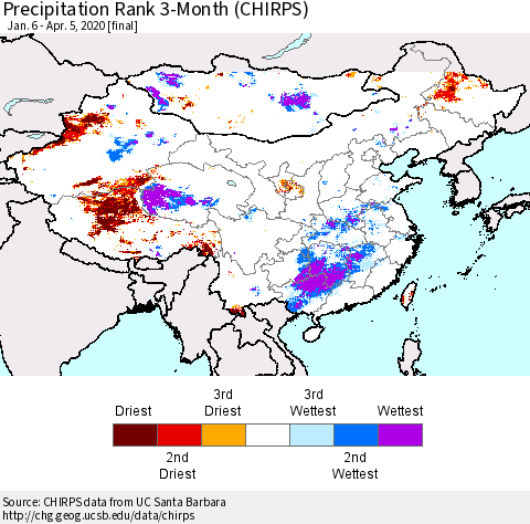 China and Taiwan Precipitation Rank 3-Month (CHIRPS) Thematic Map For 1/6/2020 - 4/5/2020