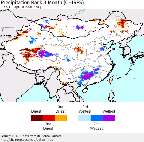 China and Taiwan Precipitation Rank 3-Month (CHIRPS) Thematic Map For 1/11/2020 - 4/10/2020