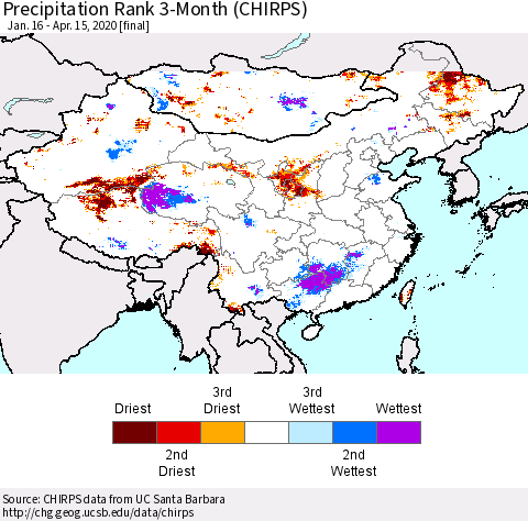 China, Mongolia and Taiwan Precipitation Rank since 1981, 3-Month (CHIRPS) Thematic Map For 1/16/2020 - 4/15/2020