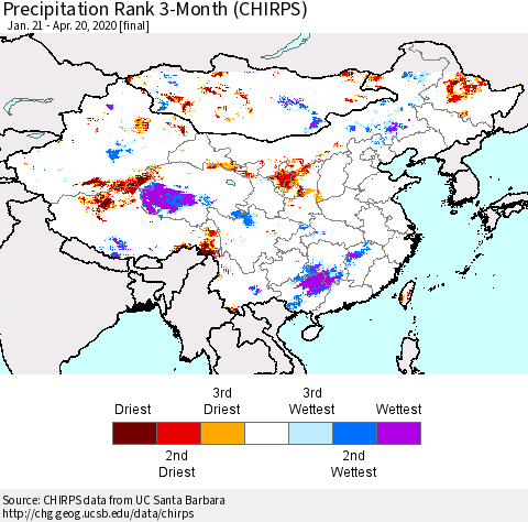 China, Mongolia and Taiwan Precipitation Rank since 1981, 3-Month (CHIRPS) Thematic Map For 1/21/2020 - 4/20/2020