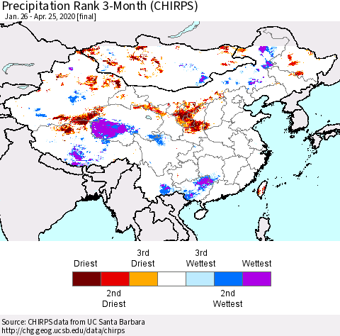 China and Taiwan Precipitation Rank 3-Month (CHIRPS) Thematic Map For 1/26/2020 - 4/25/2020