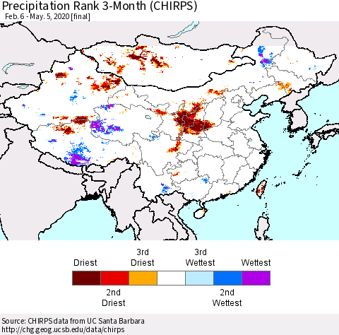 China and Taiwan Precipitation Rank 3-Month (CHIRPS) Thematic Map For 2/6/2020 - 5/5/2020