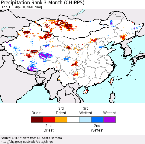 China and Taiwan Precipitation Rank 3-Month (CHIRPS) Thematic Map For 2/11/2020 - 5/10/2020