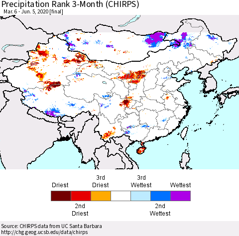 China and Taiwan Precipitation Rank 3-Month (CHIRPS) Thematic Map For 3/6/2020 - 6/5/2020