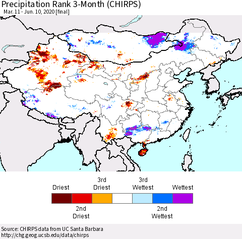 China and Taiwan Precipitation Rank 3-Month (CHIRPS) Thematic Map For 3/11/2020 - 6/10/2020