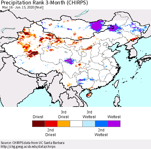 China, Mongolia and Taiwan Precipitation Rank since 1981, 3-Month (CHIRPS) Thematic Map For 3/16/2020 - 6/15/2020