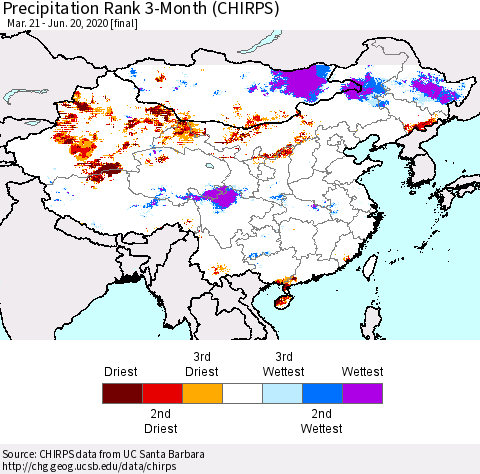 China and Taiwan Precipitation Rank 3-Month (CHIRPS) Thematic Map For 3/21/2020 - 6/20/2020
