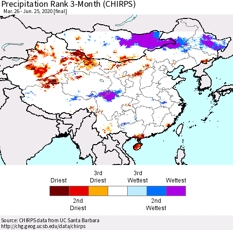 China and Taiwan Precipitation Rank 3-Month (CHIRPS) Thematic Map For 3/26/2020 - 6/25/2020