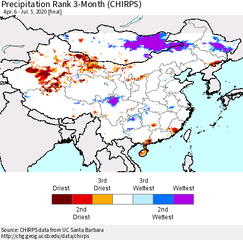 China and Taiwan Precipitation Rank 3-Month (CHIRPS) Thematic Map For 4/6/2020 - 7/5/2020