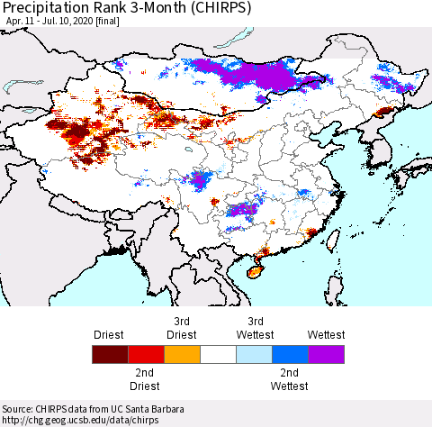 China and Taiwan Precipitation Rank 3-Month (CHIRPS) Thematic Map For 4/11/2020 - 7/10/2020