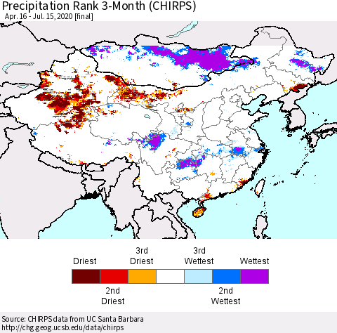 China and Taiwan Precipitation Rank 3-Month (CHIRPS) Thematic Map For 4/16/2020 - 7/15/2020