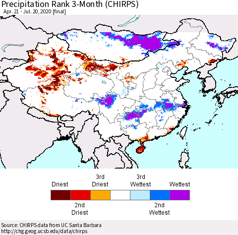 China, Mongolia and Taiwan Precipitation Rank since 1981, 3-Month (CHIRPS) Thematic Map For 4/21/2020 - 7/20/2020