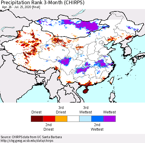 China and Taiwan Precipitation Rank 3-Month (CHIRPS) Thematic Map For 4/26/2020 - 7/25/2020