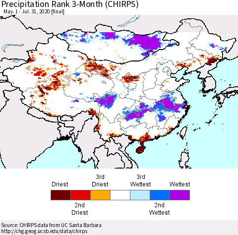 China and Taiwan Precipitation Rank 3-Month (CHIRPS) Thematic Map For 5/1/2020 - 7/31/2020