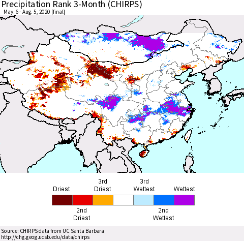 China and Taiwan Precipitation Rank 3-Month (CHIRPS) Thematic Map For 5/6/2020 - 8/5/2020
