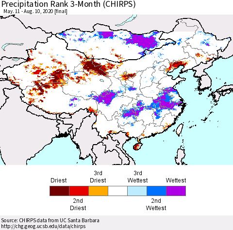China and Taiwan Precipitation Rank 3-Month (CHIRPS) Thematic Map For 5/11/2020 - 8/10/2020