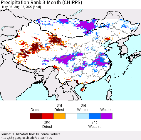 China and Taiwan Precipitation Rank 3-Month (CHIRPS) Thematic Map For 5/16/2020 - 8/15/2020