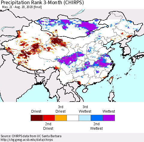 China, Mongolia and Taiwan Precipitation Rank since 1981, 3-Month (CHIRPS) Thematic Map For 5/21/2020 - 8/20/2020