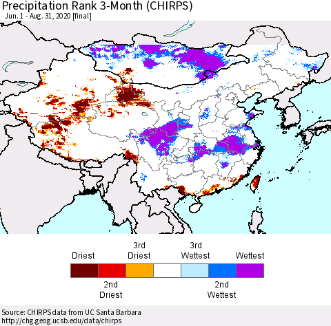 China and Taiwan Precipitation Rank 3-Month (CHIRPS) Thematic Map For 6/1/2020 - 8/31/2020