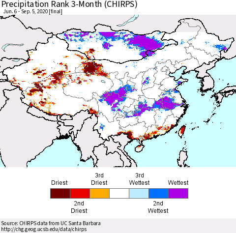 China, Mongolia and Taiwan Precipitation Rank since 1981, 3-Month (CHIRPS) Thematic Map For 6/6/2020 - 9/5/2020