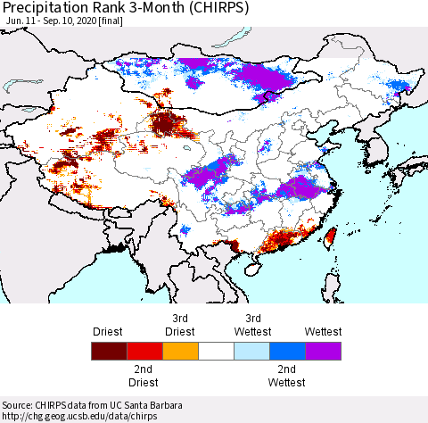 China and Taiwan Precipitation Rank 3-Month (CHIRPS) Thematic Map For 6/11/2020 - 9/10/2020