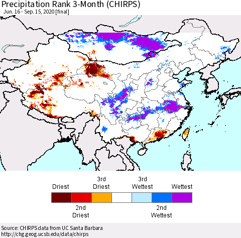 China and Taiwan Precipitation Rank 3-Month (CHIRPS) Thematic Map For 6/16/2020 - 9/15/2020