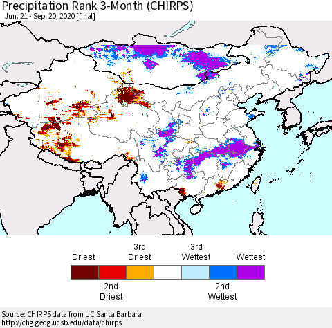 China and Taiwan Precipitation Rank 3-Month (CHIRPS) Thematic Map For 6/21/2020 - 9/20/2020