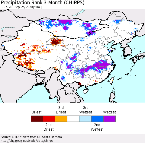 China and Taiwan Precipitation Rank 3-Month (CHIRPS) Thematic Map For 6/26/2020 - 9/25/2020