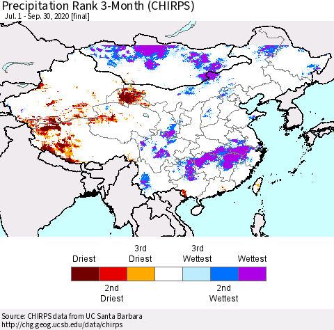 China, Mongolia and Taiwan Precipitation Rank since 1981, 3-Month (CHIRPS) Thematic Map For 7/1/2020 - 9/30/2020