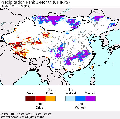China, Mongolia and Taiwan Precipitation Rank since 1981, 3-Month (CHIRPS) Thematic Map For 7/6/2020 - 10/5/2020