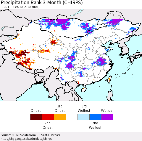 China, Mongolia and Taiwan Precipitation Rank since 1981, 3-Month (CHIRPS) Thematic Map For 7/11/2020 - 10/10/2020