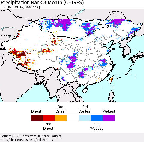 China, Mongolia and Taiwan Precipitation Rank since 1981, 3-Month (CHIRPS) Thematic Map For 7/16/2020 - 10/15/2020